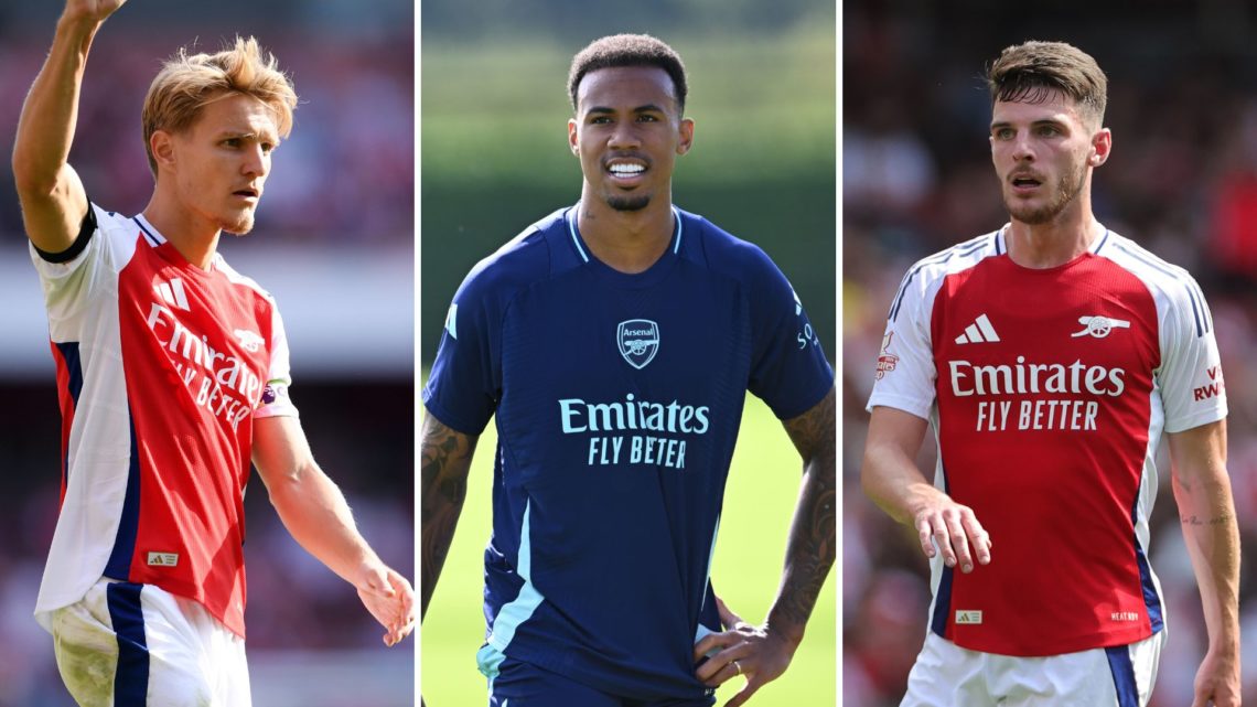 Split image of Martin Odegaard, Gabriel Magalhaes, and Declan Rice.