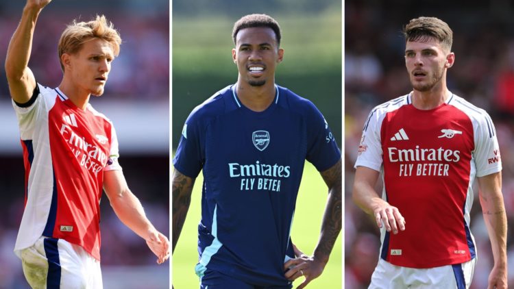 Split image of Martin Odegaard, Gabriel Magalhaes, and Declan Rice.