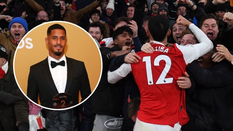 William Saliba celebrates the 3rd goal with the Arsenal fans during the Premier League match. Inset, William Saliba at the PFA Awards.