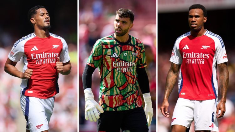 Split image of William Saliba, David Raya, and Gabriel of Arsenal.