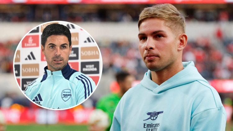 Emile Smith Rowe #10 of Arsenal during a pre-season friendly soccer match. Inset, Mikel Arteta.