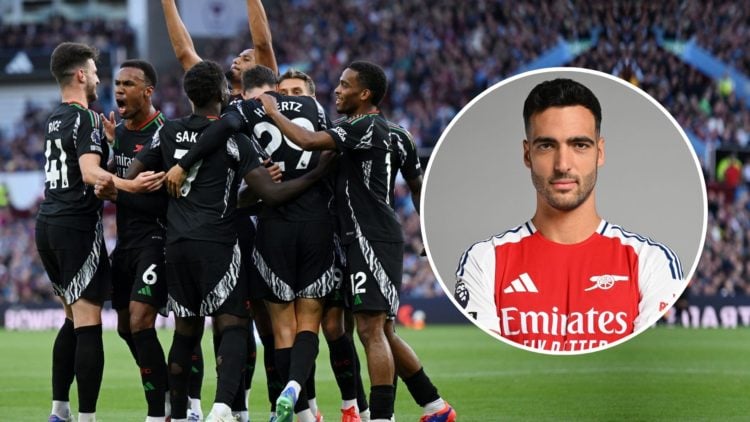 Leandro Trossard of Arsenal celebrates scoring his team's first goal with teammates. Inset, Mikel Merino.