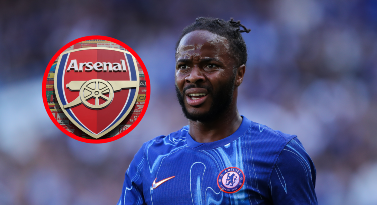 An image featuring Raheem Sterling and the Arsenal badge.