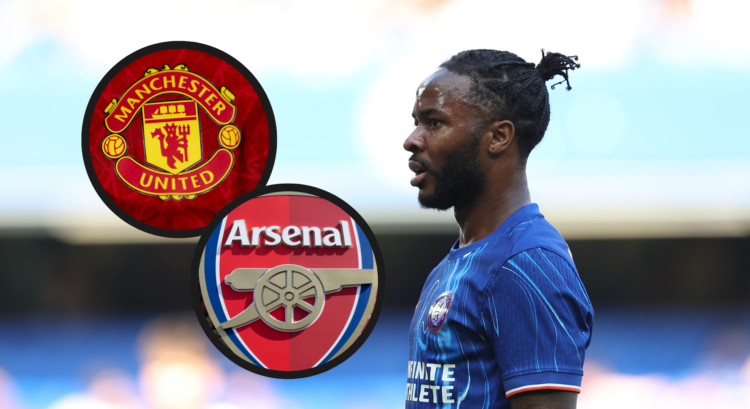 An image featuring Raheem Sterling, the Man United and Arsenal badges.
