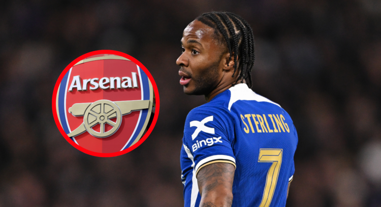 An image featuring Raheem Sterling and the Arsenal badge.