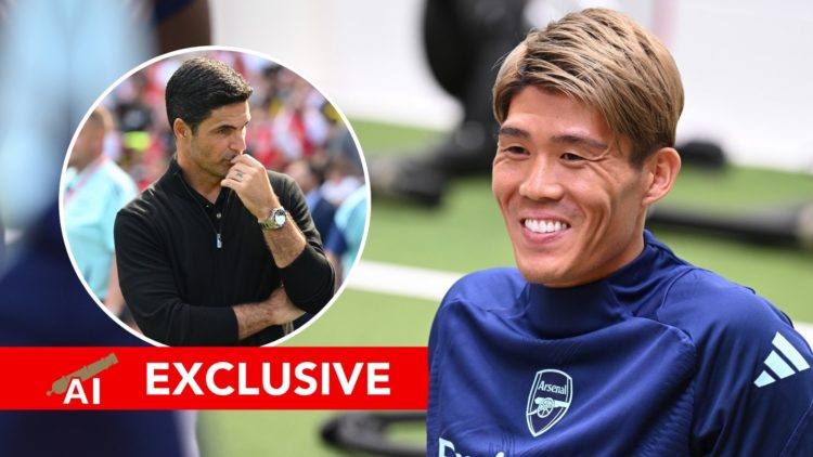 Takehiro Tomiyasu of Arsenal during a training session. Inset, Mikel Arteta. Overlaid, an exclusive banner.