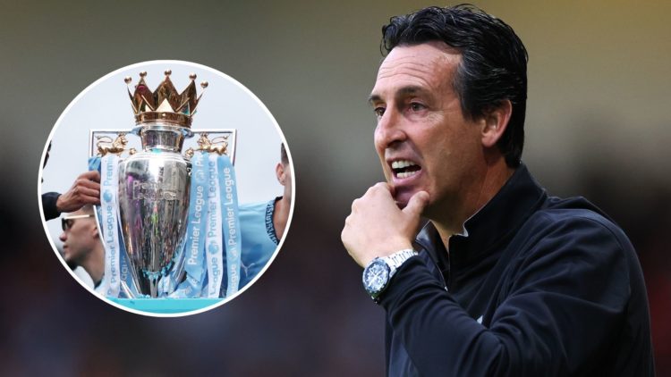 Unai Emery the head coach / manager of Aston Villa reacts during the Pre Season Friendly between Aston Villa and Athletic Club. Inset, the Premier ...