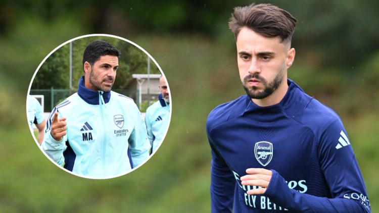 Fabio Vieira of Arsenal during a training session. Inset, Mikel Arteta.