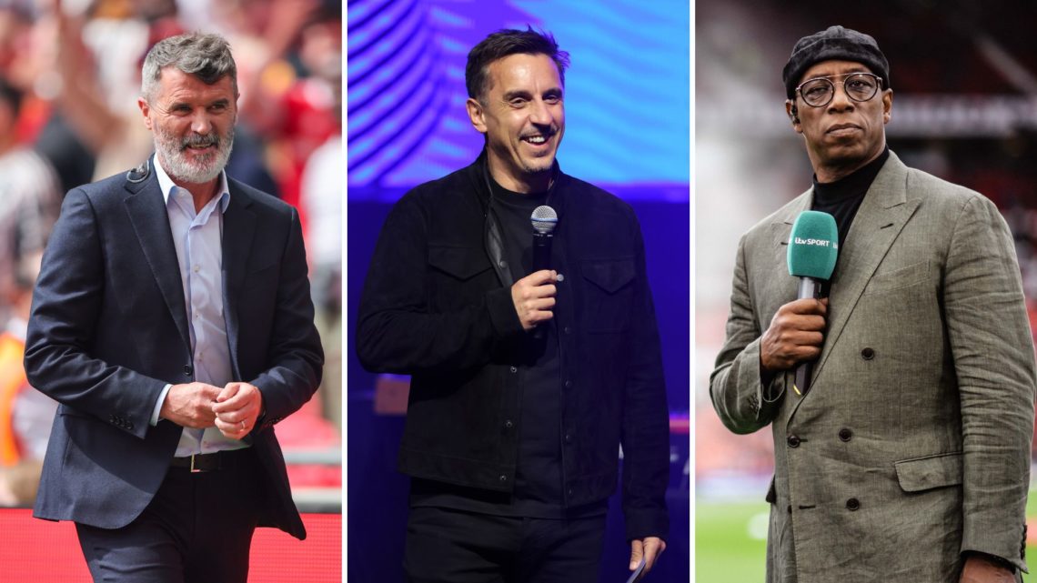 Split image of Ian Wright, Gary Neville, and Roy Keane.