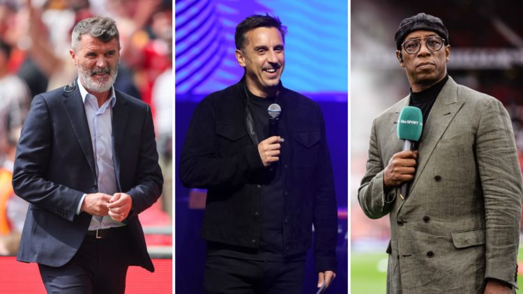 Split image of Ian Wright, Gary Neville, and Roy Keane.
