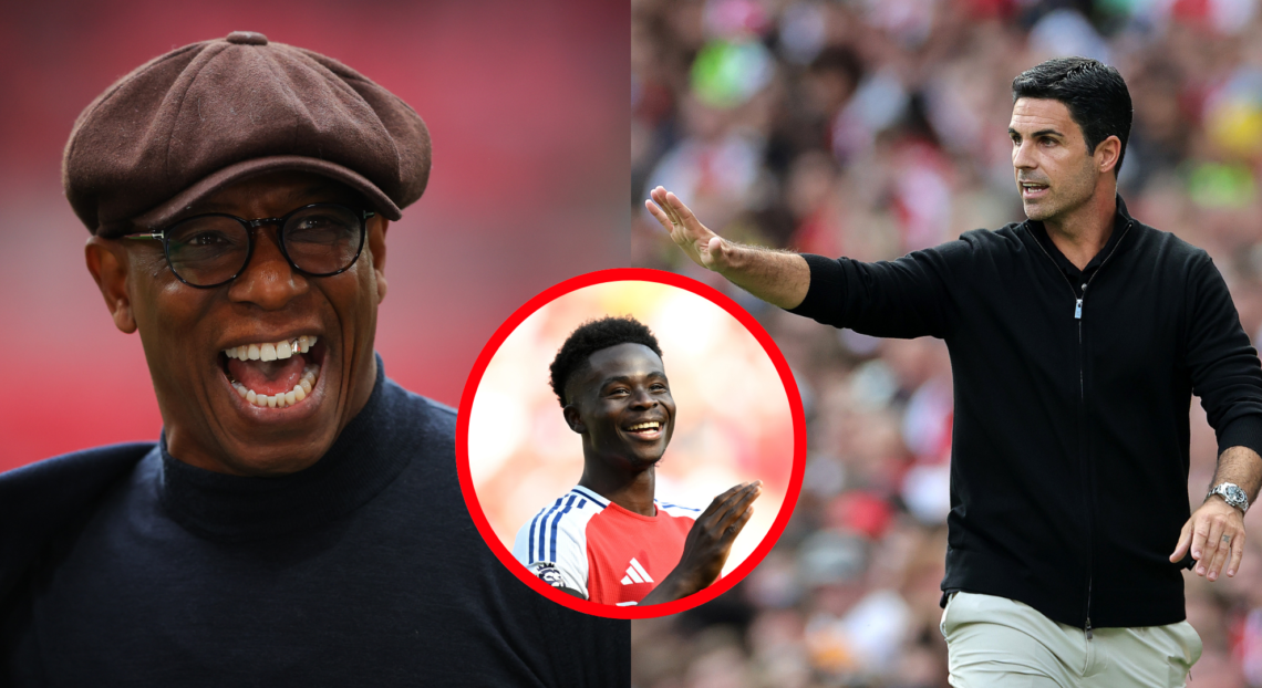 An image featuring Ian Wright, Bukayo Saka and Mikel Arteta.