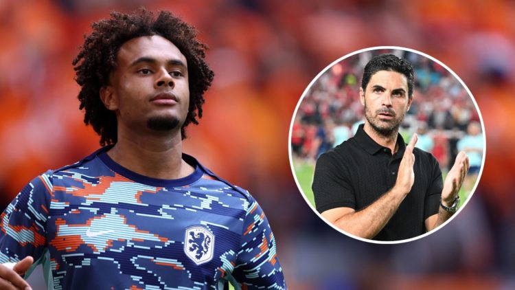 Joshua Zirkzee of Netherlands during warm up. Inset, Mikel Arteta.