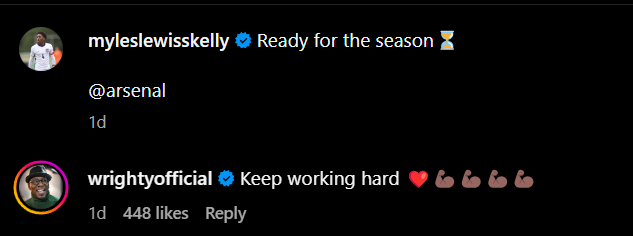 Ian Wright's reply under Arsenal's Myles Lewis-Skelly's Instagram post