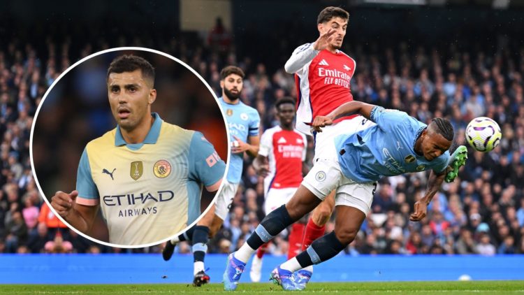 Kai Havertz of Arsenal clashes with Manuel Akanji of Manchester City during the Premier League match. Inset, Rodri of Manchester City.