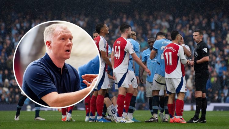 Arsenal players surround the Referee Michael Oliver after he sends off Leandro Trossard during the Premier League match. Inset, Paul Scholes.