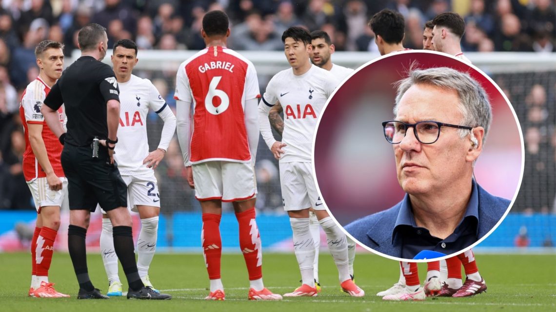 Players from both teams talk to Referee Michael Oliver during the Premier League match between Tottenham Hotspur and Arsenal FC. Inset, Paul Merson.