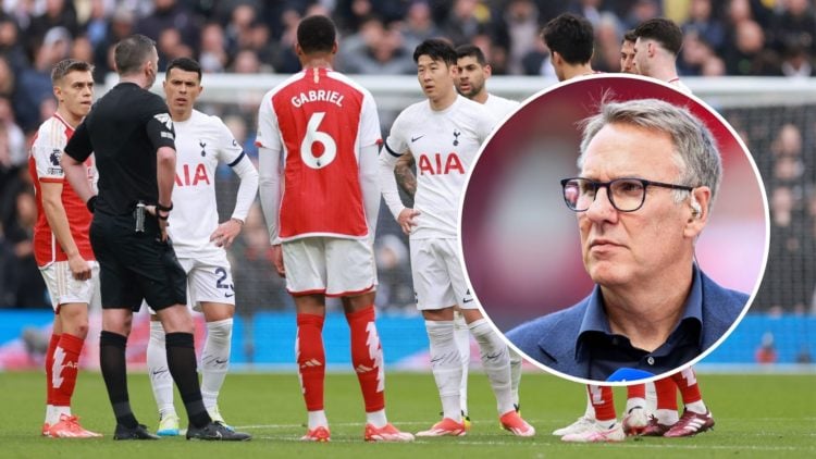Players from both teams talk to Referee Michael Oliver during the Premier League match between Tottenham Hotspur and Arsenal FC. Inset, Paul Merson.