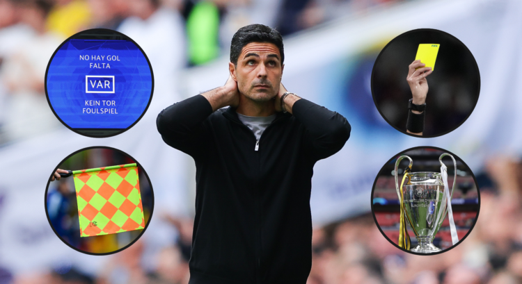 An image featuring Mikel Arteta, VAR, offside flag, yellow card and the Champions League trophy.