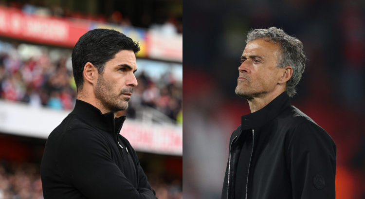 Mikel Arteta and Luis Enrique watch on.