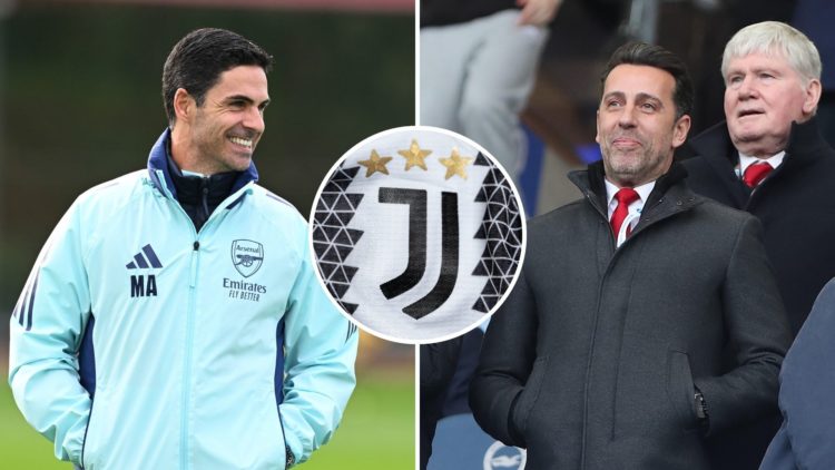 Split image of Mikel Arteta and Edu Gaspar, both laughing. Inset, the Juventus badge.