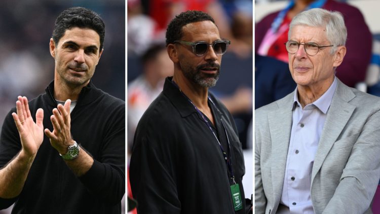 Split image of Mikel Arteta, Rio Ferdinand, and Arsene Wenger.