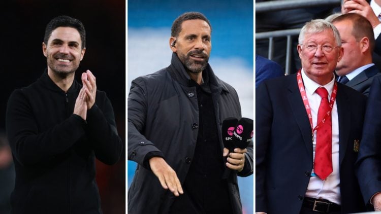 Split image of Mikel Arteta celebrating, and Rio Ferdinand and Alex Ferguson looking unhappy.