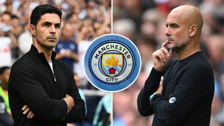 Split image of Mikel Arteta and Pep Guardiola. Inset, the Manchester City badge.
