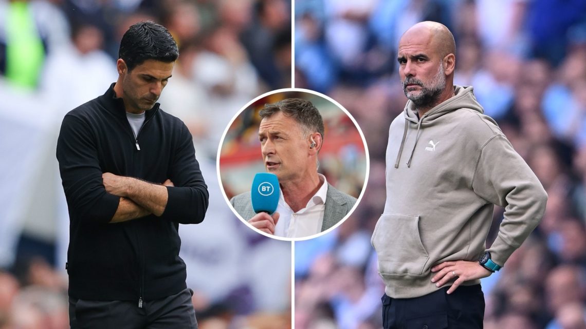 Split image of Mikel Arteta and Pep Guardiola. Inset, Chris Sutton.