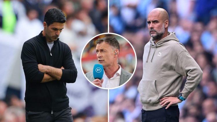 Split image of Mikel Arteta and Pep Guardiola. Inset, Chris Sutton.