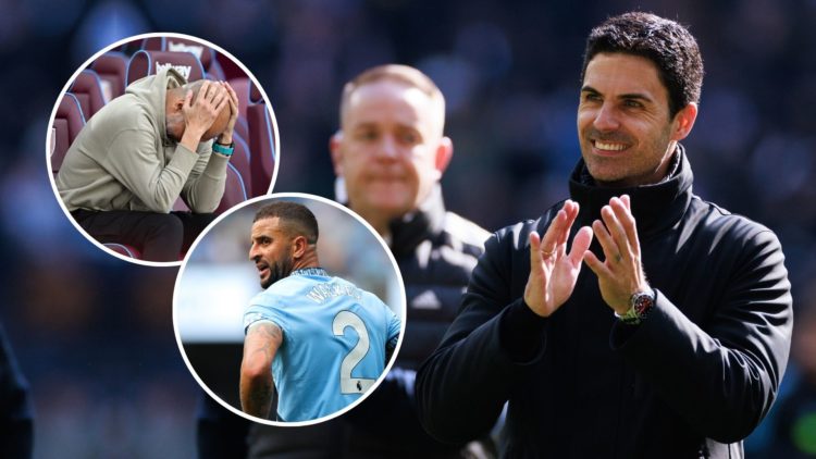 Mikel Arteta, Head Coach of Arsenal celebrates during the Premier League match. Inset, Pep Guardiola looking dejected, and Kyle Walker looking anno...