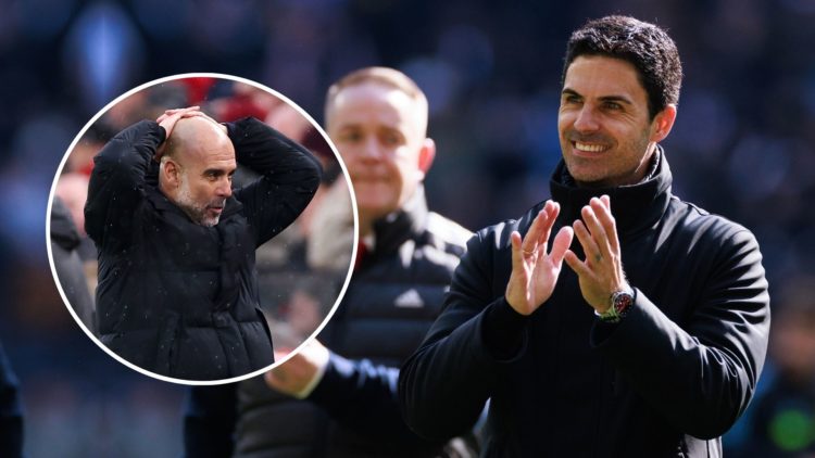 Mikel Arteta, Head Coach of Arsenal celebrates during the Premier League match. Inset, Pep Guardiola.