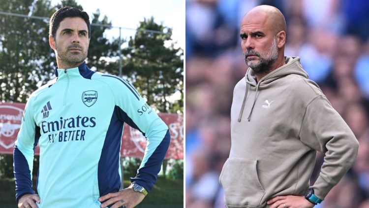 Split image of Pep Guardiola and Mikel Arteta.