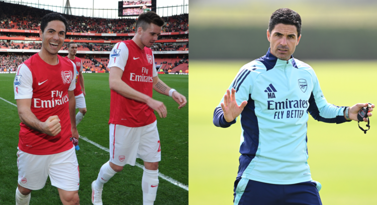 An image featuring Mikel Arteta as a player next to Carl Jenkinson and as a coach.