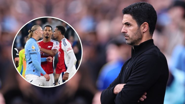 Mikel Arteta manager / head coach of Arsenal during the Premier League match. Inset, Gabriel and Saliba of Arsenal clash with Erling Haaland.