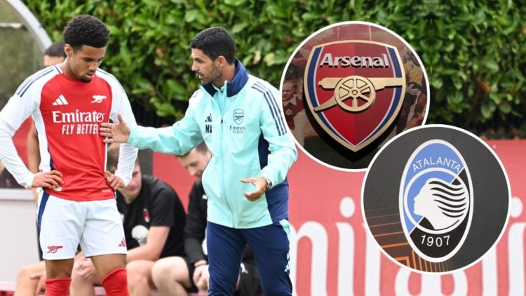 Arsenal Manager Mikel Arteta chats to Ethan Nwaneri during the pre season friendly. Inset, Arsenal and Atalanta badges.