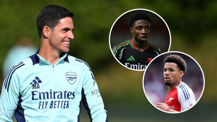 Arsenal manager Mikel Arteta during a training session at Sobha Realty Training Centre. Inset, Ethan Nwaneri and Ismeal Kabia