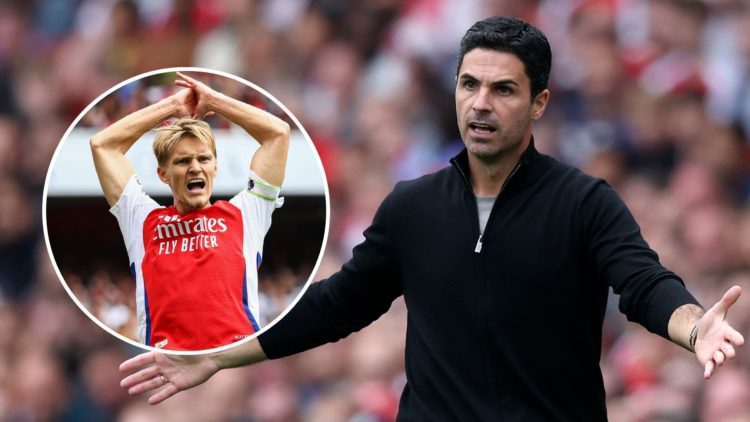 Mikel Arteta, Manager of Arsenal on the side line during the Premier League match. Inset, Martin Odegaard.