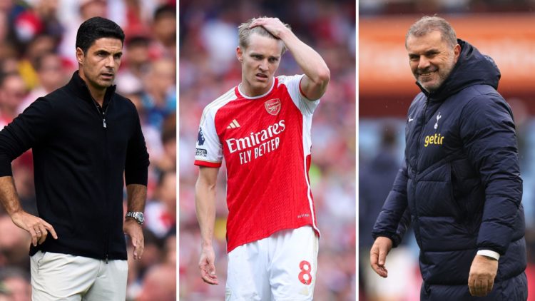 Split image of Mikel Arteta, Martin Odegaard, and Ange Postecoglou.