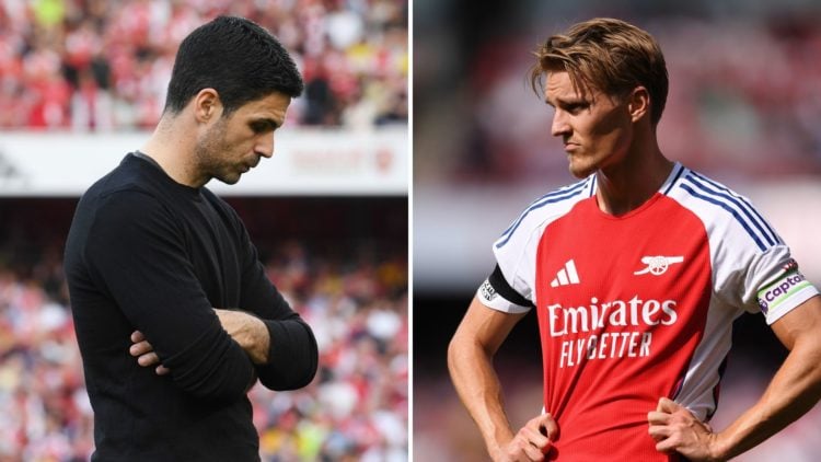 Split image of Mikel Arteta and Martin Odegaard.