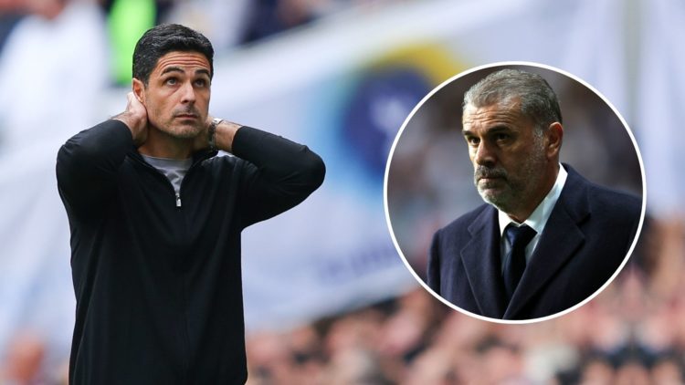 Mikel Arteta, manager of Arsenal, looks dejected during the Premier League match. Inset, Ange Postecoglou.