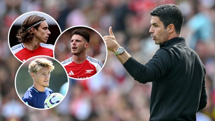 Mikel Arteta manager of Arsenal gestures during the pre-season friendly match. Inset, Declan Rice, Riccardo Calafiori, and Martin Odegaard.