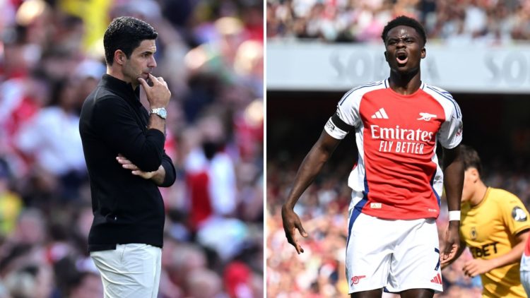 Split image of Mikel Arteta and Bukayo Saka.