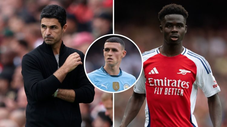 Split image of Mikel Arteta and Bukayo Saka. Inset, Phil Foden.