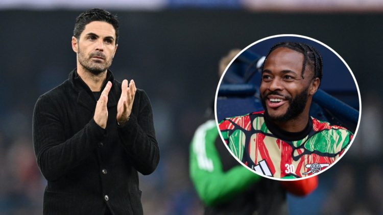 Mikel Arteta, Manager of Arsenal, applauds the fans following the Premier League match. Inset, Raheem Sterling.
