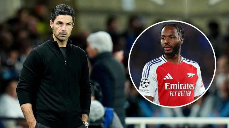 Mikel Arteta Head Coach of Arsenal looks on during the UEFA Champions League 2024/25 League Phase MD1 match. Inset, Raheem Sterling.