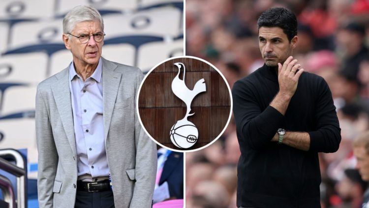 Split image of Mikel Arteta and Arsene Wenger. Inset, Tottenham Hotspurs badge.