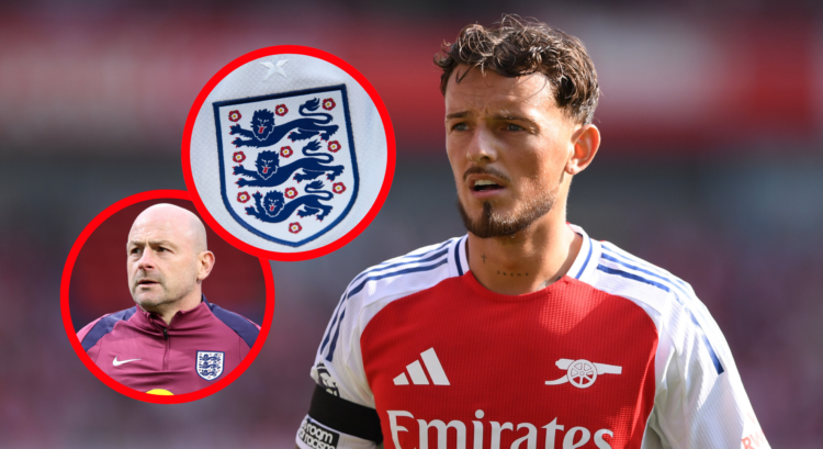 An image featuring Ben White with Lee Carsley and an England badge.