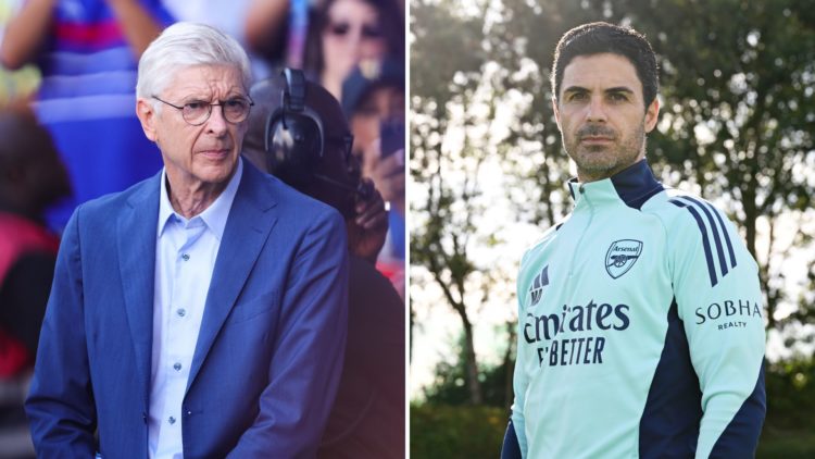 Split image of Arsene Wenger and Mikel Arteta.