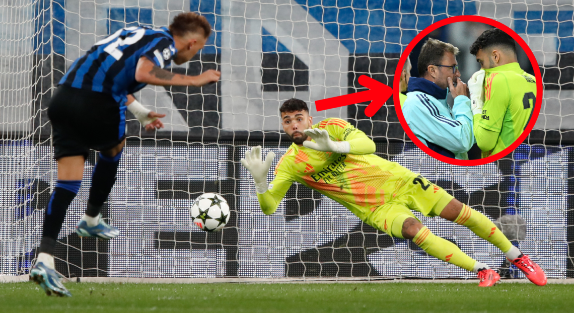 An image featuring David Raya's penalty save for Arsenal against Atalanta.