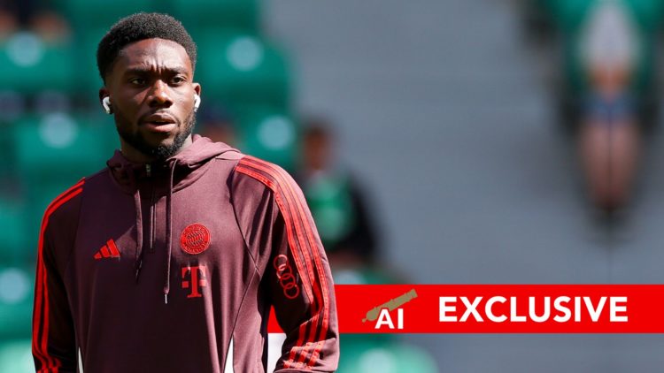 Alphonso Davies of Bayern Muenchen looks on prior to the Bundesliga match. Overlaid, an exclusive banner.